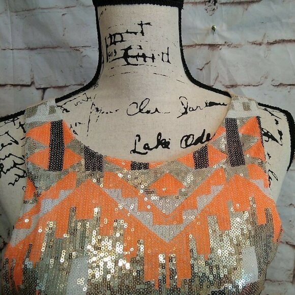 Gianni Bini GB Size Small Silver Orange Sequins Aztec Southwestern  Sheath Dress - Picture 4 of 8